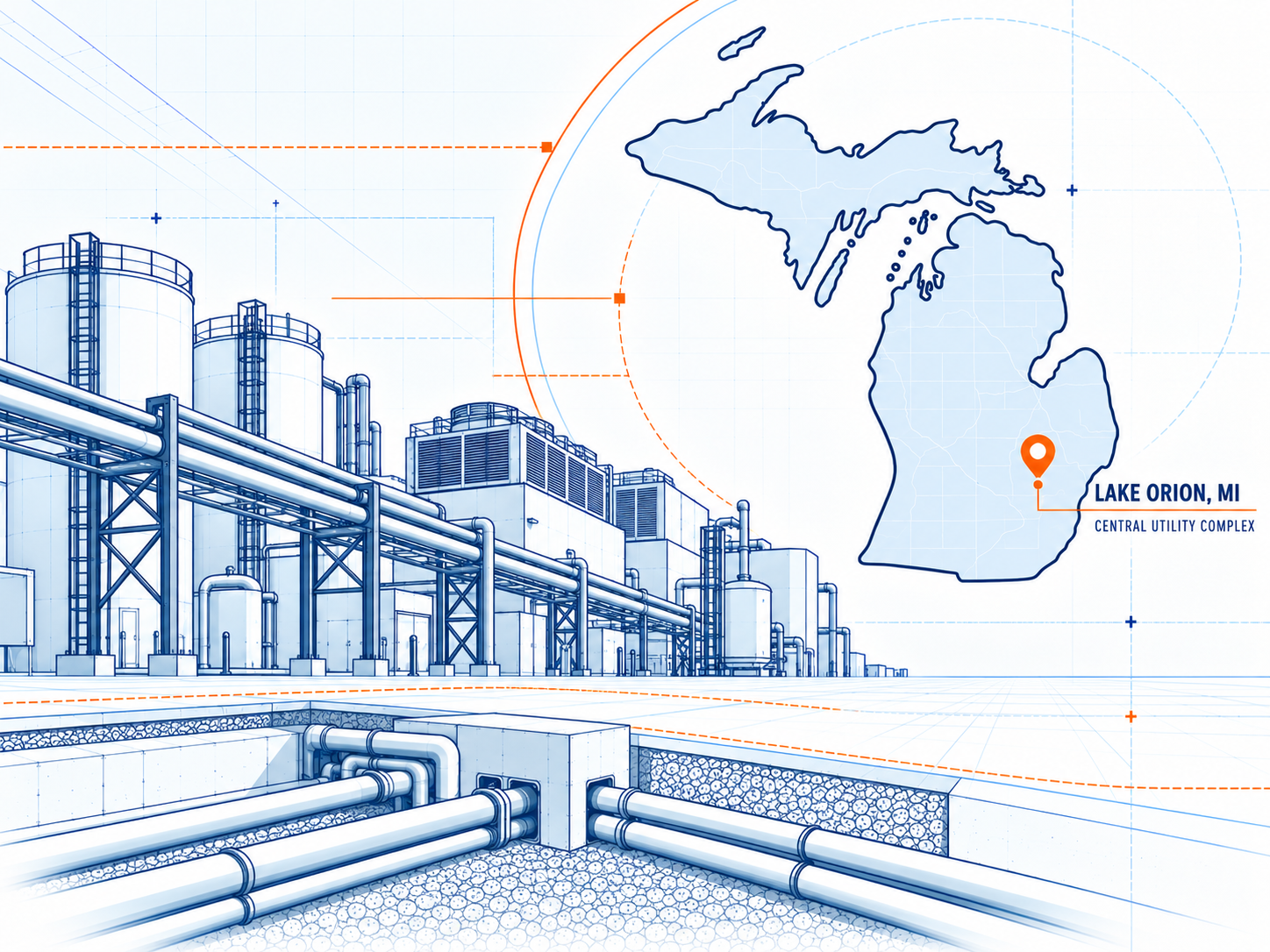 Illustrated GM Orion central utility complex in Lake Orion, Michigan
